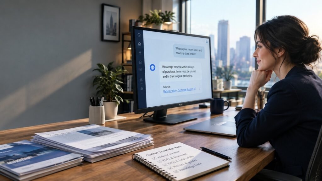 Business owner using an AI chatbot trained on website content and documents to answer customer questions.