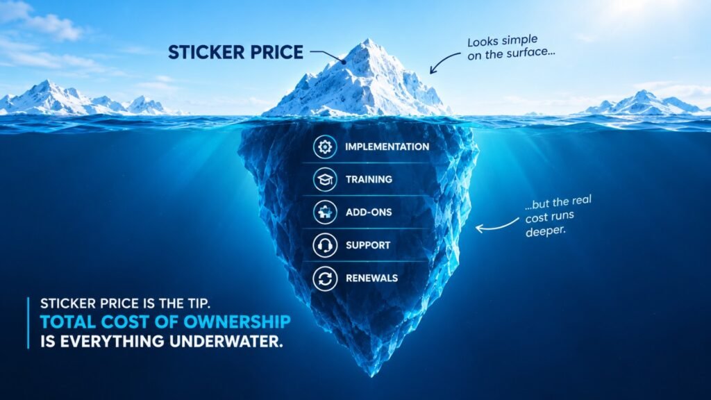 Total cost of ownership iceberg infographic showing hidden software costs including implementation, training, add-ons, support, and renewals beneath the initial sticker price.