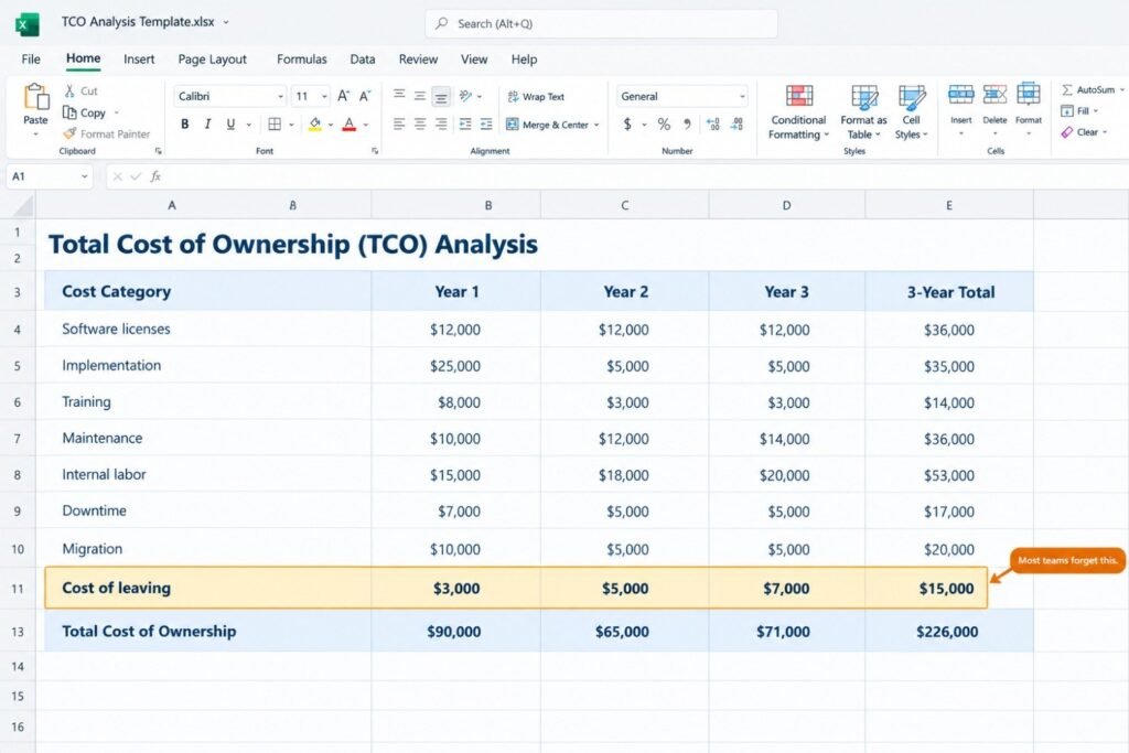 Total cost of ownership spreadsheet template comparing software licenses, implementation, training, maintenance, internal labor, downtime, migration, and exit costs over three years.