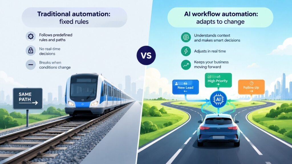 Infographic comparing traditional automation, represented by a train following fixed rails and predefined rules, with AI workflow automation, represented by a car choosing between routes and adapting to changing conditions.
